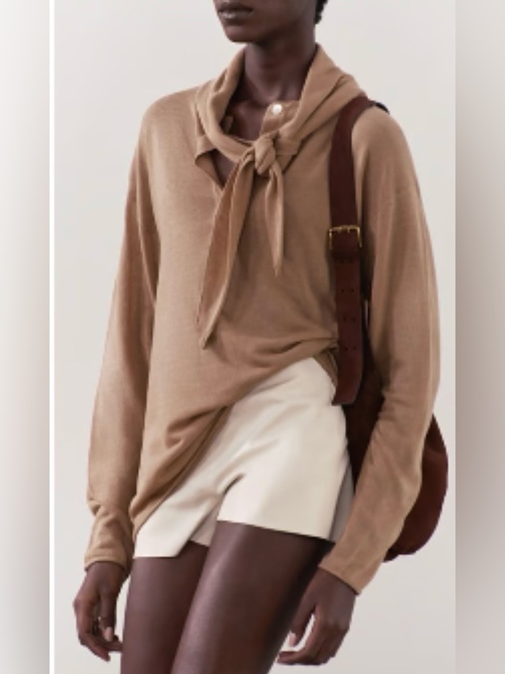 NWT ZARA Brown Henley Loose Fit Long Sleeve Top Thin Knit w/ Scarf Women's S